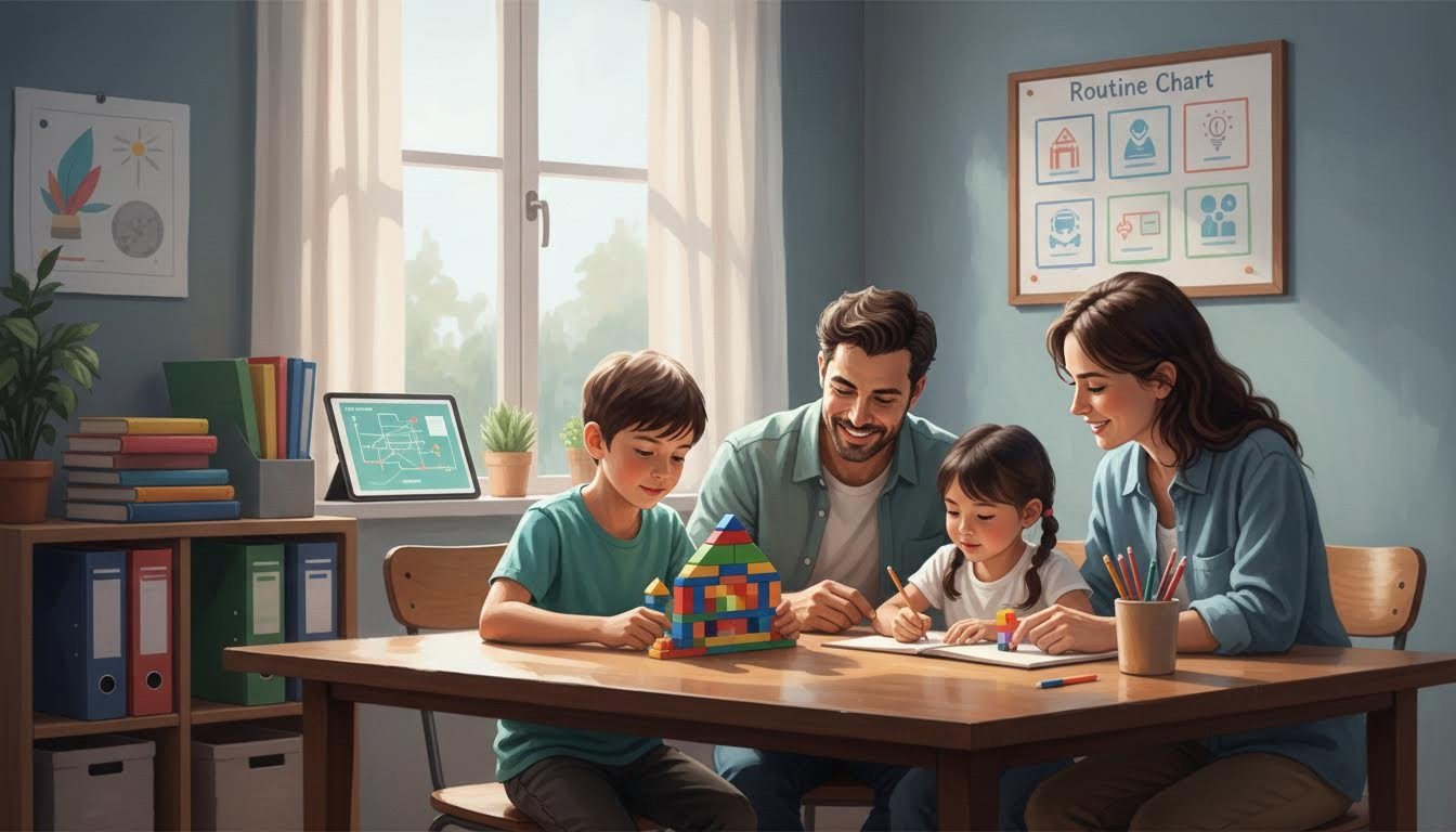 Parents and child learning and playing together